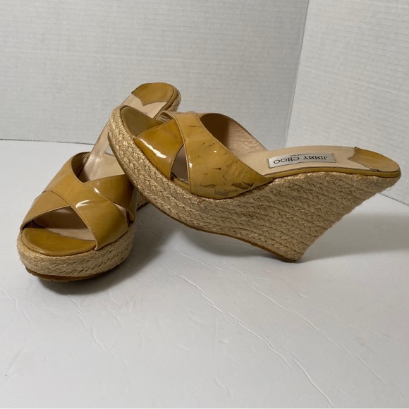 JIMMY CHOO Patent Leather Phyllis' Espadrilles Wedges Yellow-Tan Size 42 “as is” - Picture 3 of 10